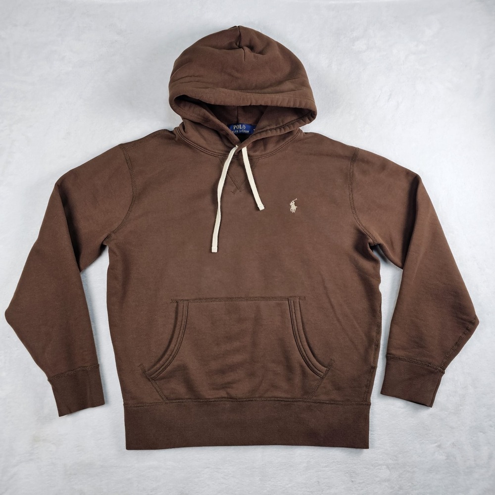 Polo Ralph Lauren Sweater Men's M Double Knit Pullover Hoodie Brown Cream Pony